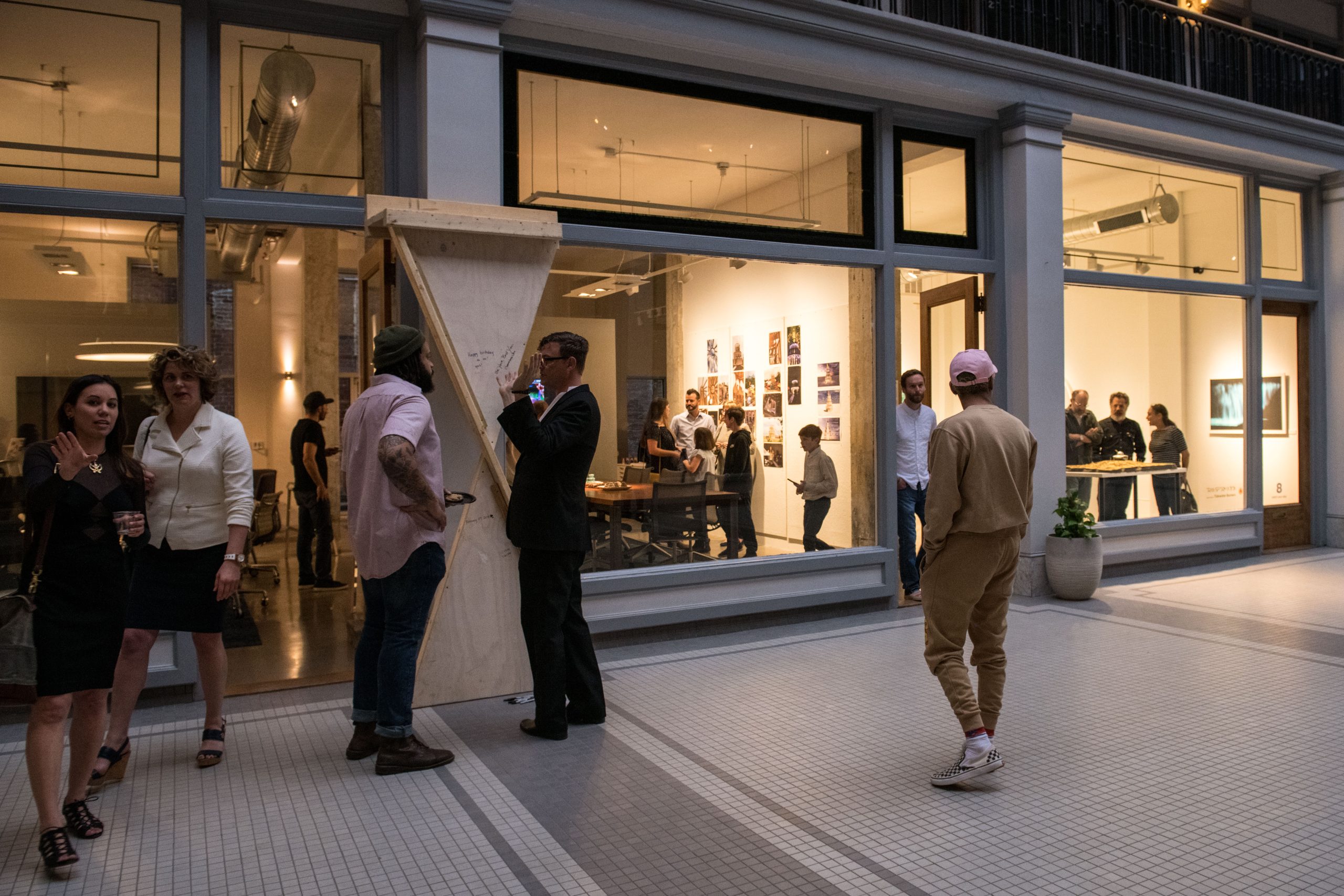 People standing outside an office